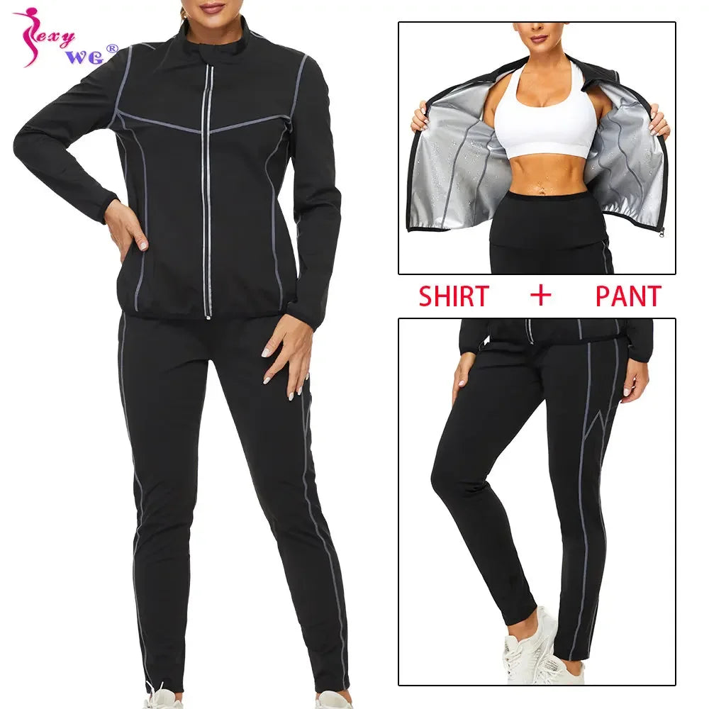 SEXYWG Women Sauna Suit for Weight Loss Sweat Top Pants Fitness Jacket Leggings Thermo Long Sleeves Trousers Body Shaper Gym