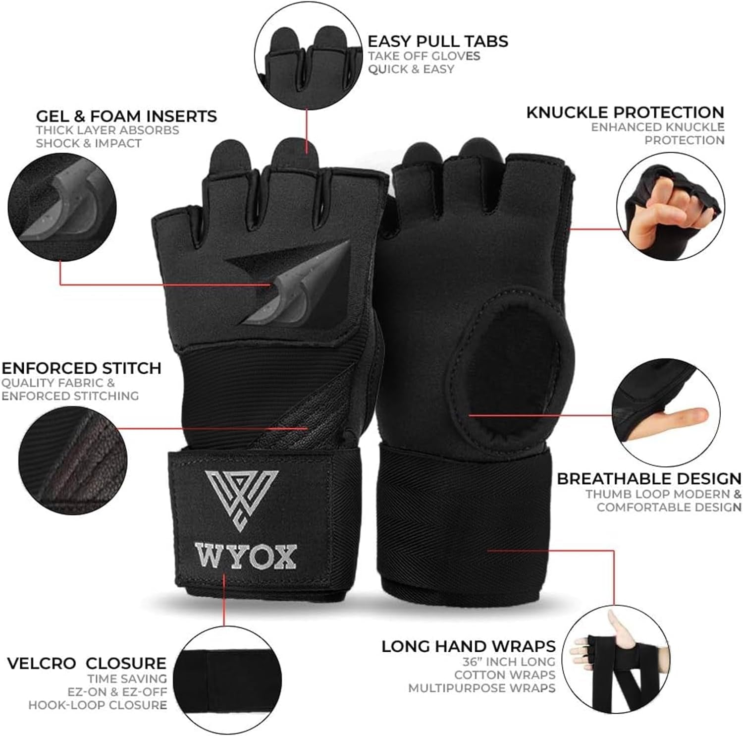 Gel Boxing Hand Wraps Inner Gloves for Men & Women, 80Cm Quick Wrist Straps, Padded Knuckle Protection for Muay Thai Kickboxing, Hand Wraps for Boxing & Martial Arts